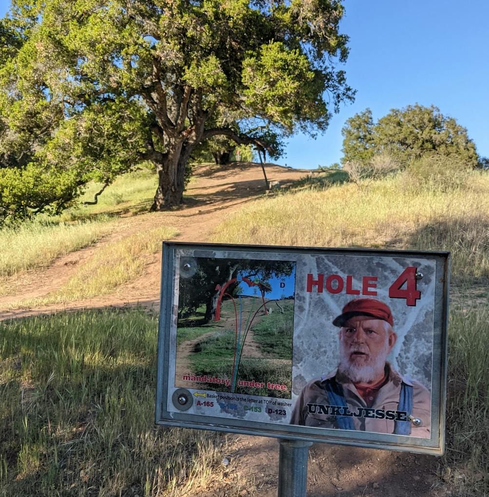 Sign at Hole 4 at Coyote Point Disc Gold Course at Lake Casitas Recreation Area near Ventura 