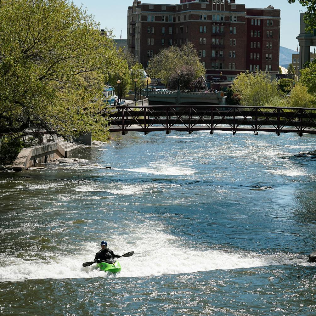kayaker in the Truckee River Reno downtown