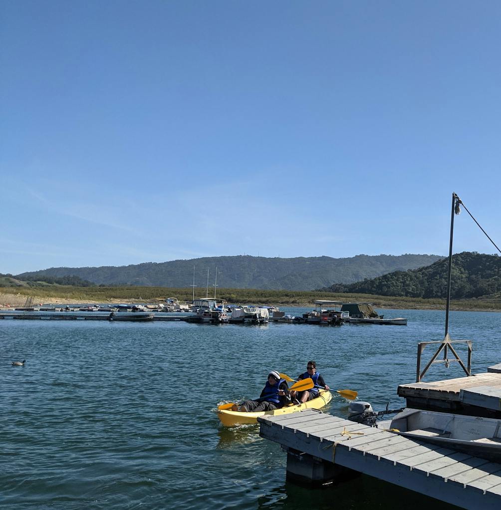 Kayakers by the pier at Lake Casitas Recreation Area near Ventura 