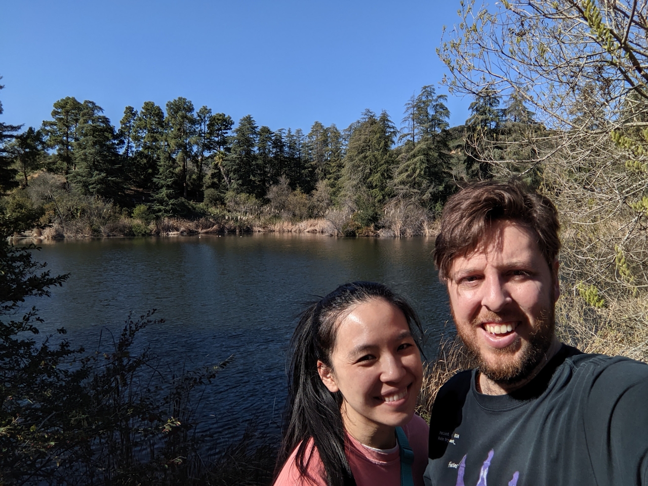 A couple taking a selfie at Franklin Canyon in Los Angeles 