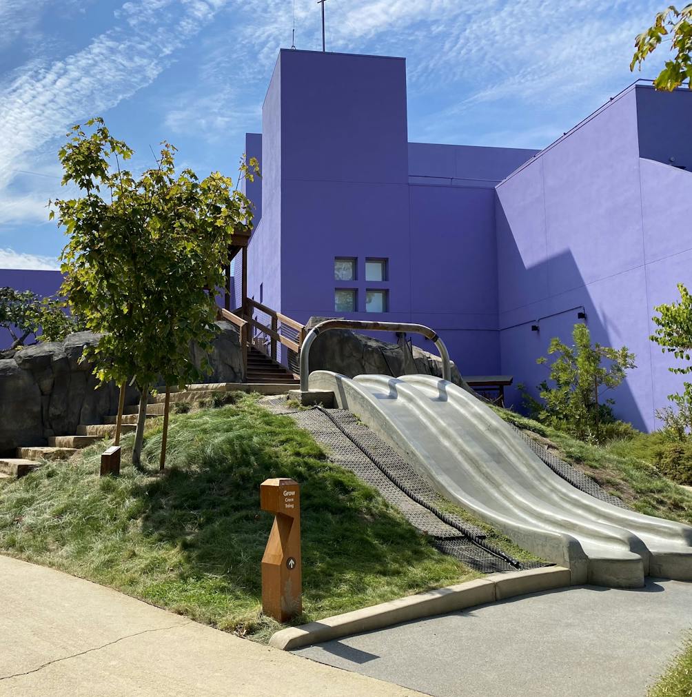 Children's Discovery Museum with two paved slides next to each other 