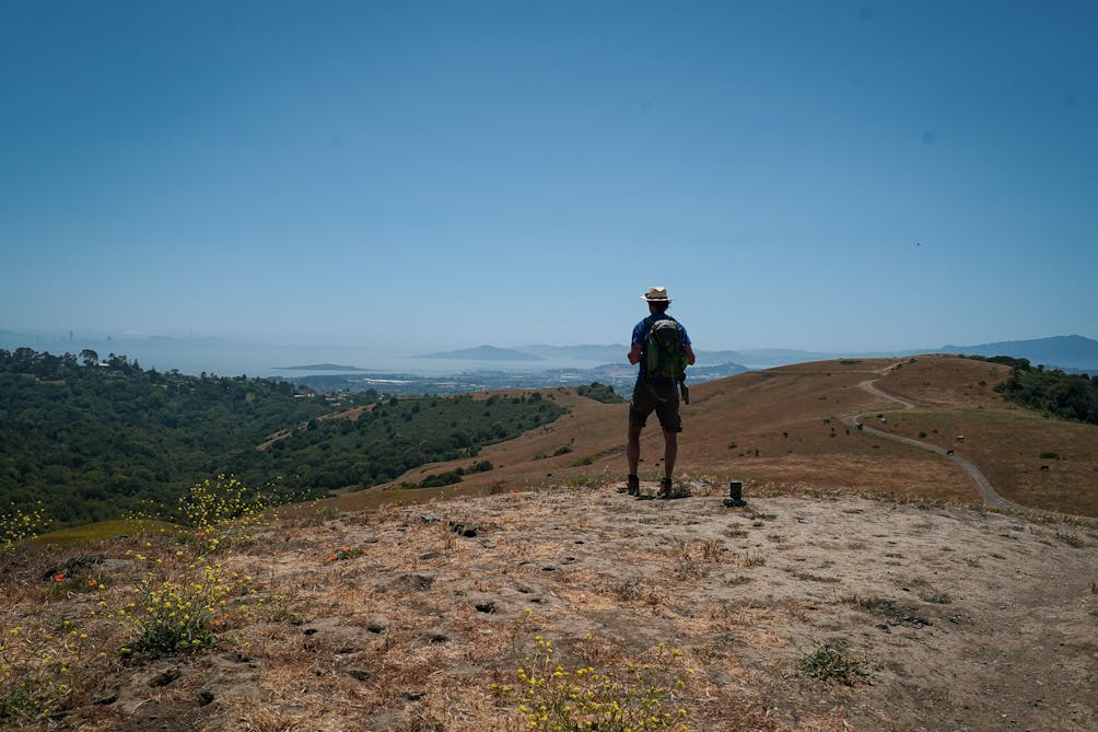 hiker stands on San Pablo Ridge looking at San Francisco Bay