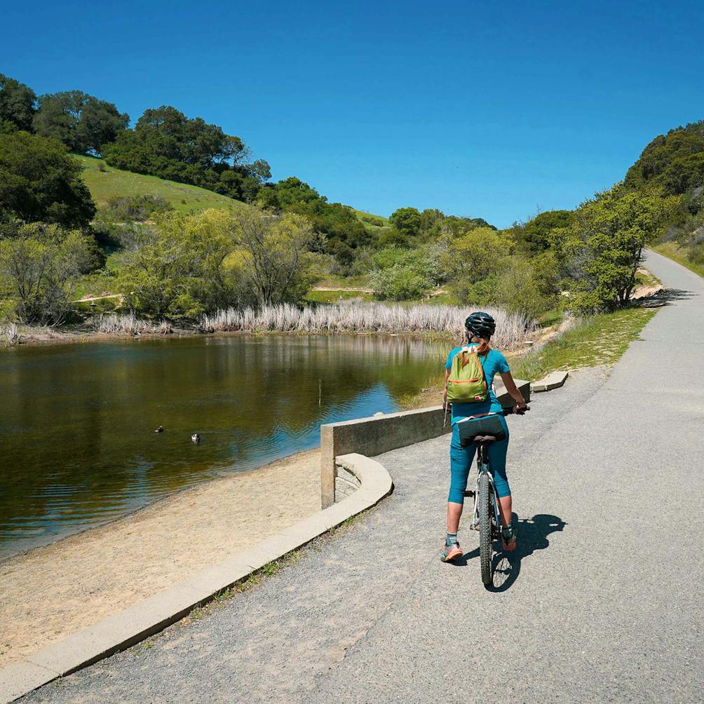 Biker by the water at Helen Putnam Regional Park in Sonoma County 