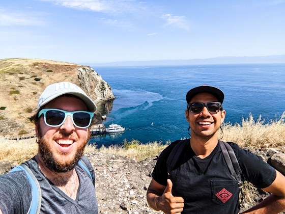 Two people smiling for a selfie on Santa Cruz Island Channel Island National Park