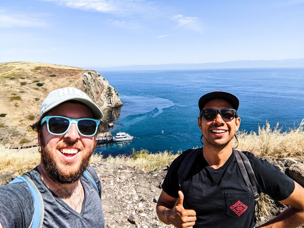 Two people smiling for a selfie on Santa Cruz Island Channel Island National Park 