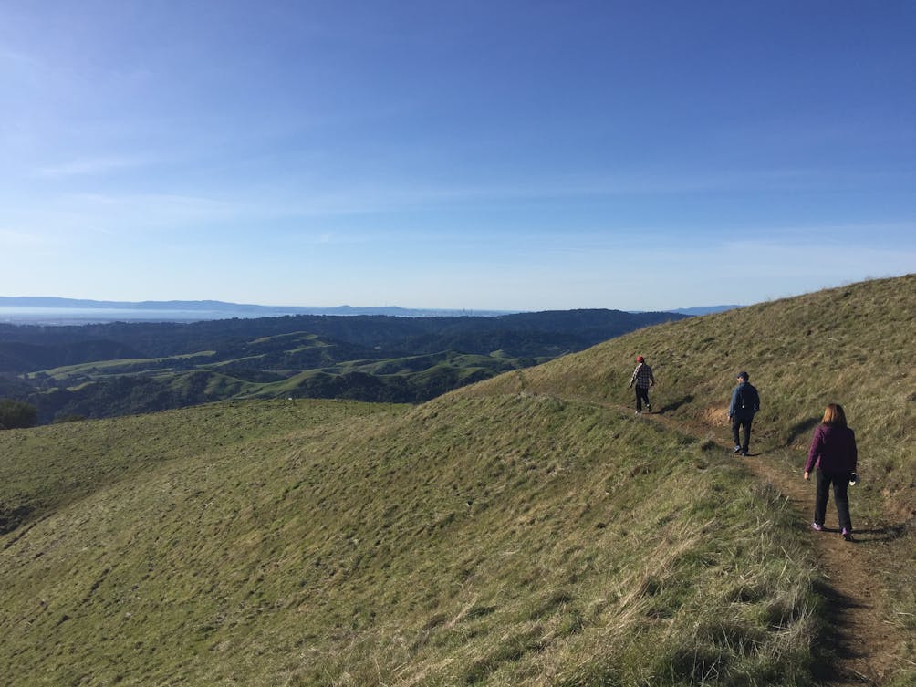 Hikers on a ridge trail at Las Trampas Regional Wilderness in the East Bay 