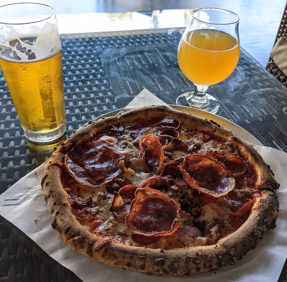 pizza and two beers at Tarantula Brewing Company in Thousand Oaks California 
