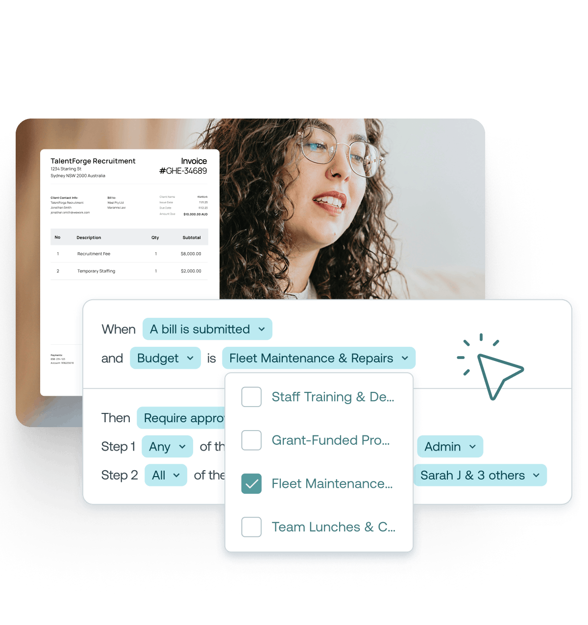 Woman overlaid with invoice and approval settings