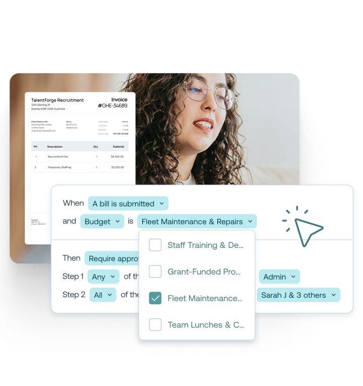 Woman overlaid with invoice and approval settings