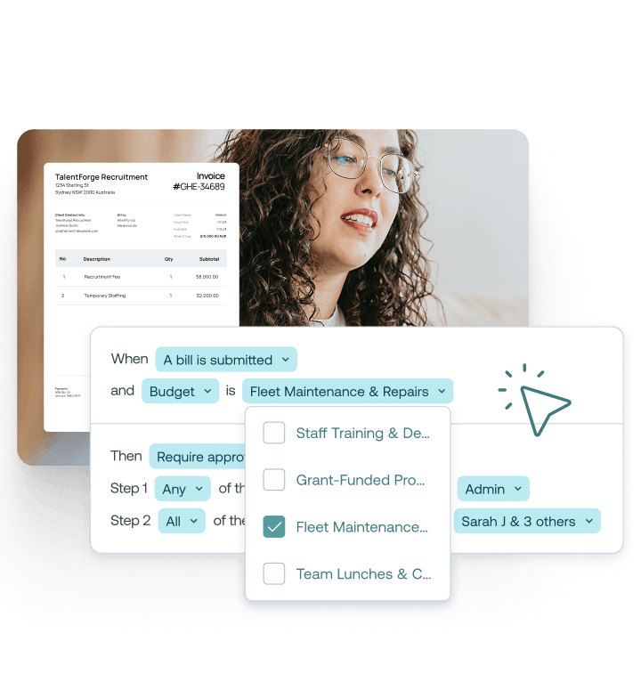 Woman overlaid with invoice and approval settings