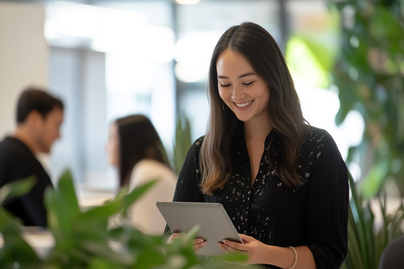 Professional woman looking down at ipad in open plan office