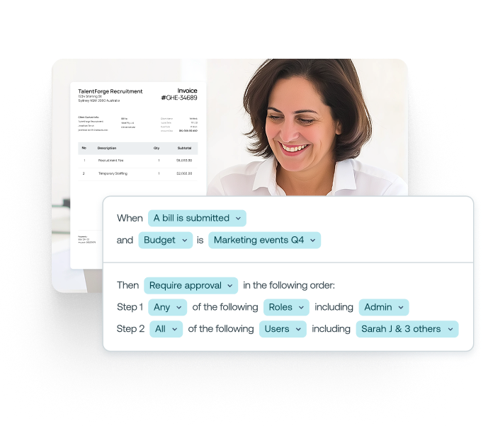 Woman overlaid with bill and bill approval rule