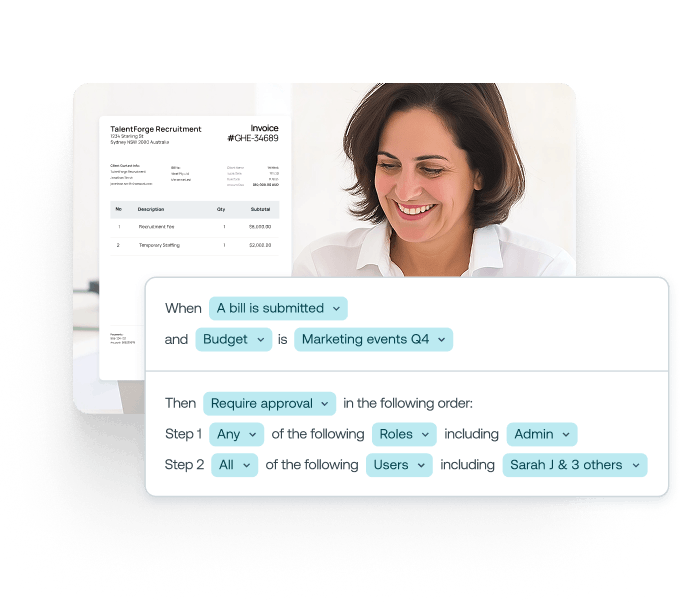 Woman overlaid with bill and bill approval rule