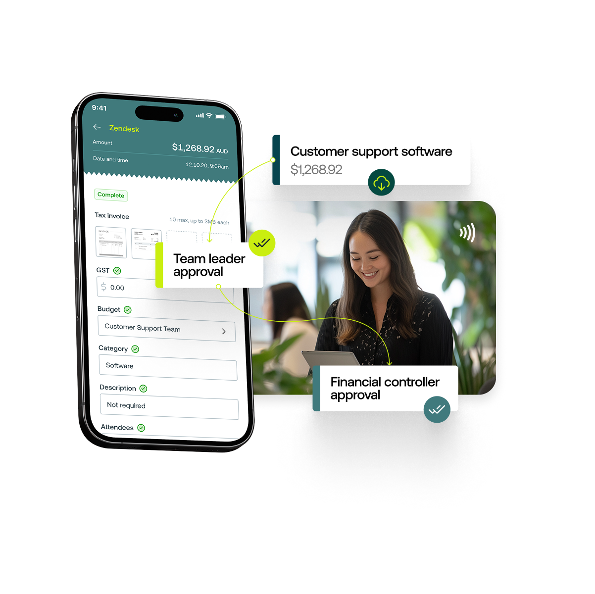 Woman making payment overlaid by mobile phone featuring expense data and stylised approval flow