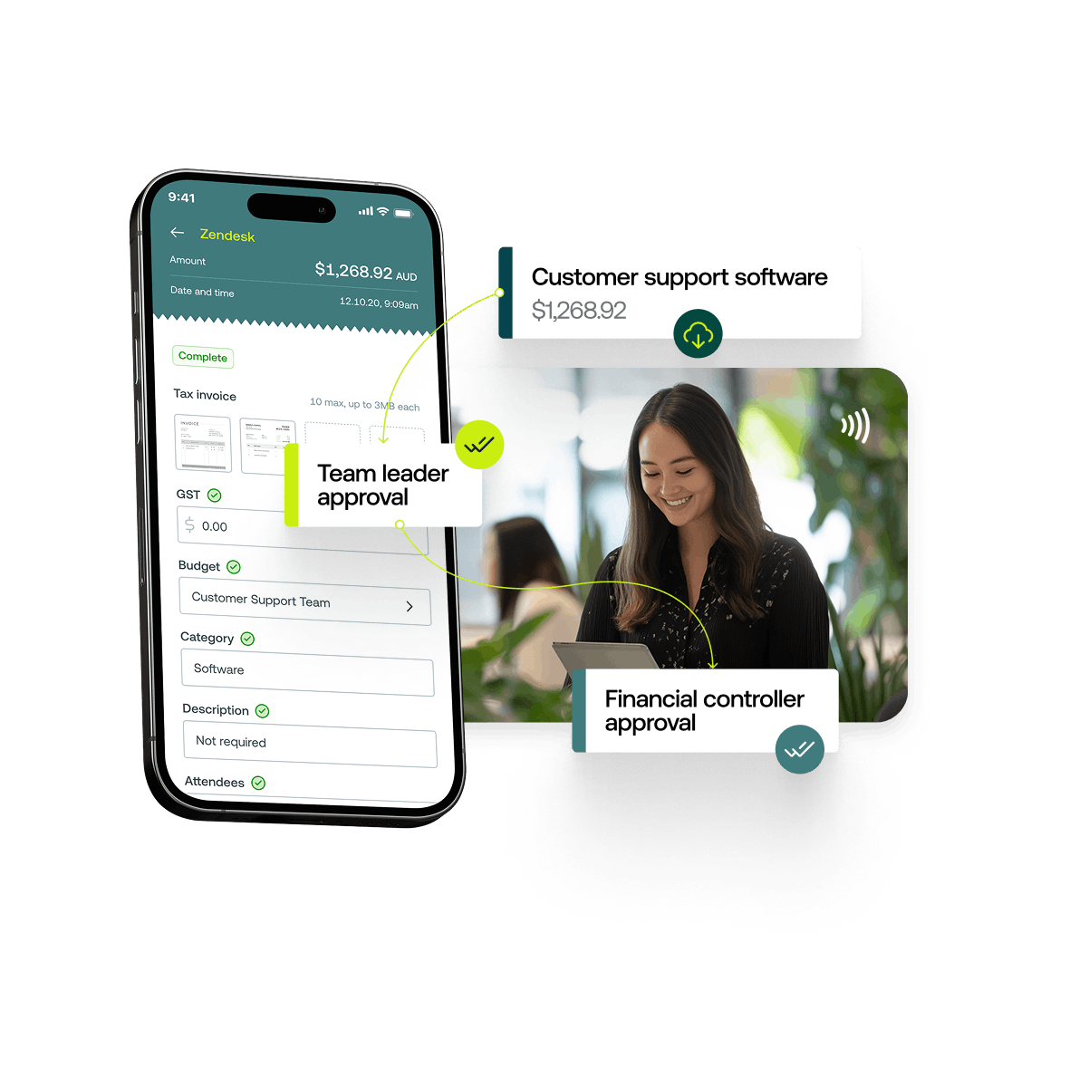 Woman making payment overlaid by mobile phone featuring expense data and stylised approval flow