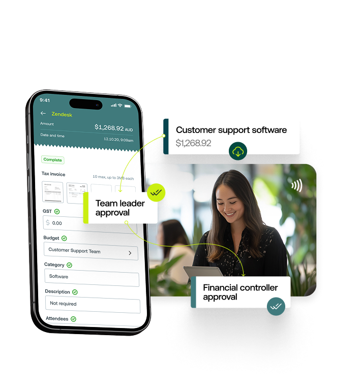 Woman making payment overlaid by mobile phone featuring expense data and stylised approval flow