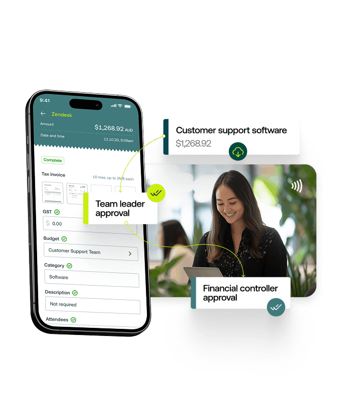 Woman making payment overlaid by mobile phone featuring expense data and stylised approval flow