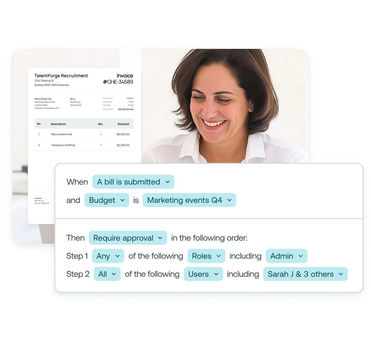 Woman overlaid with bill and bill approval rule