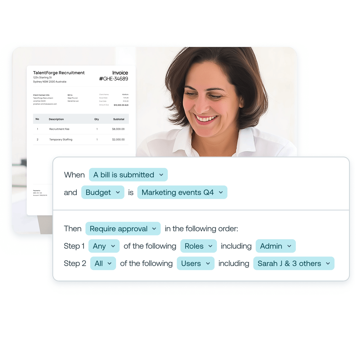 Woman overlaid with bill and bill approval rule