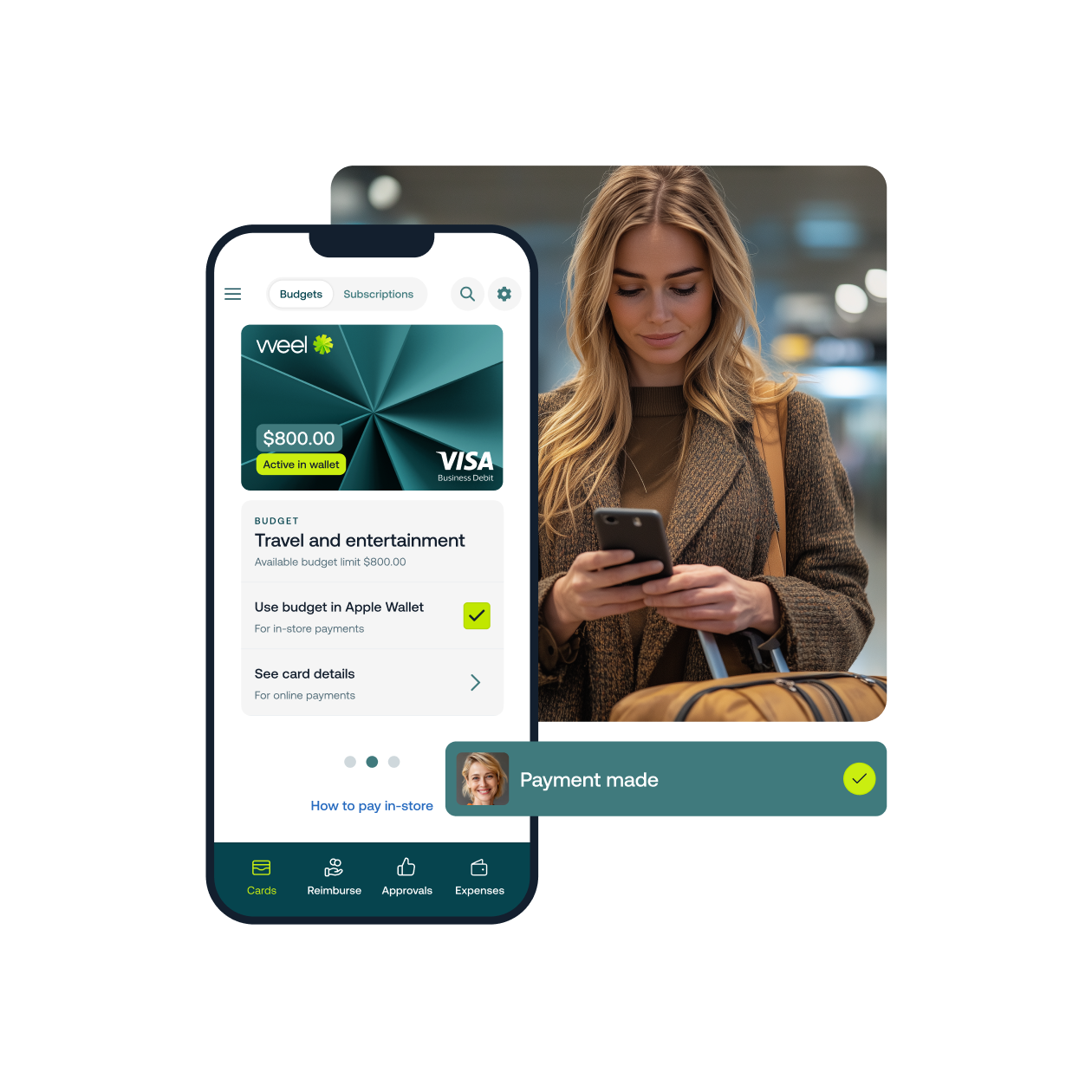 Virtual cards screen with woman using her mobile to complete a payment