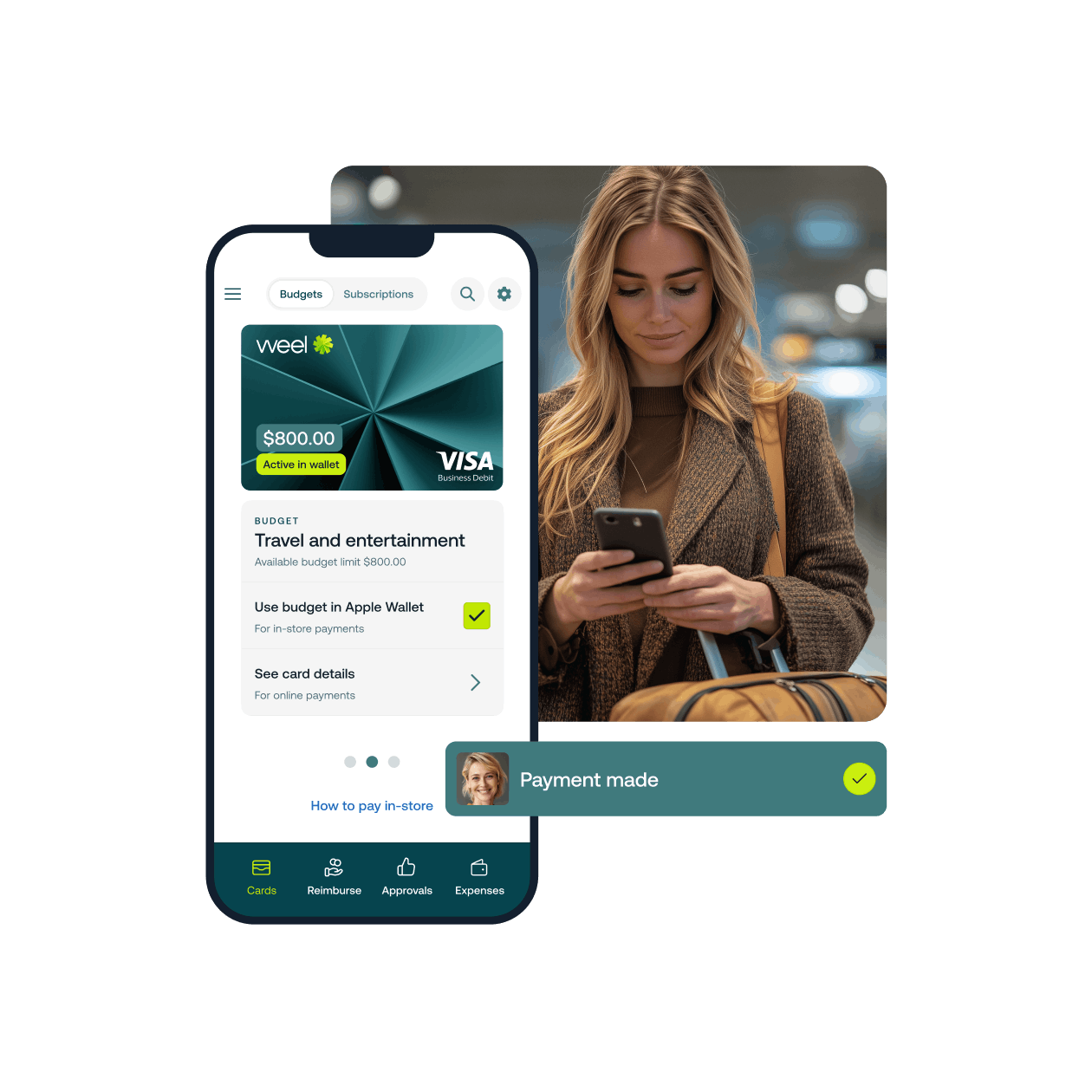 Virtual cards screen with woman using her mobile to complete a payment