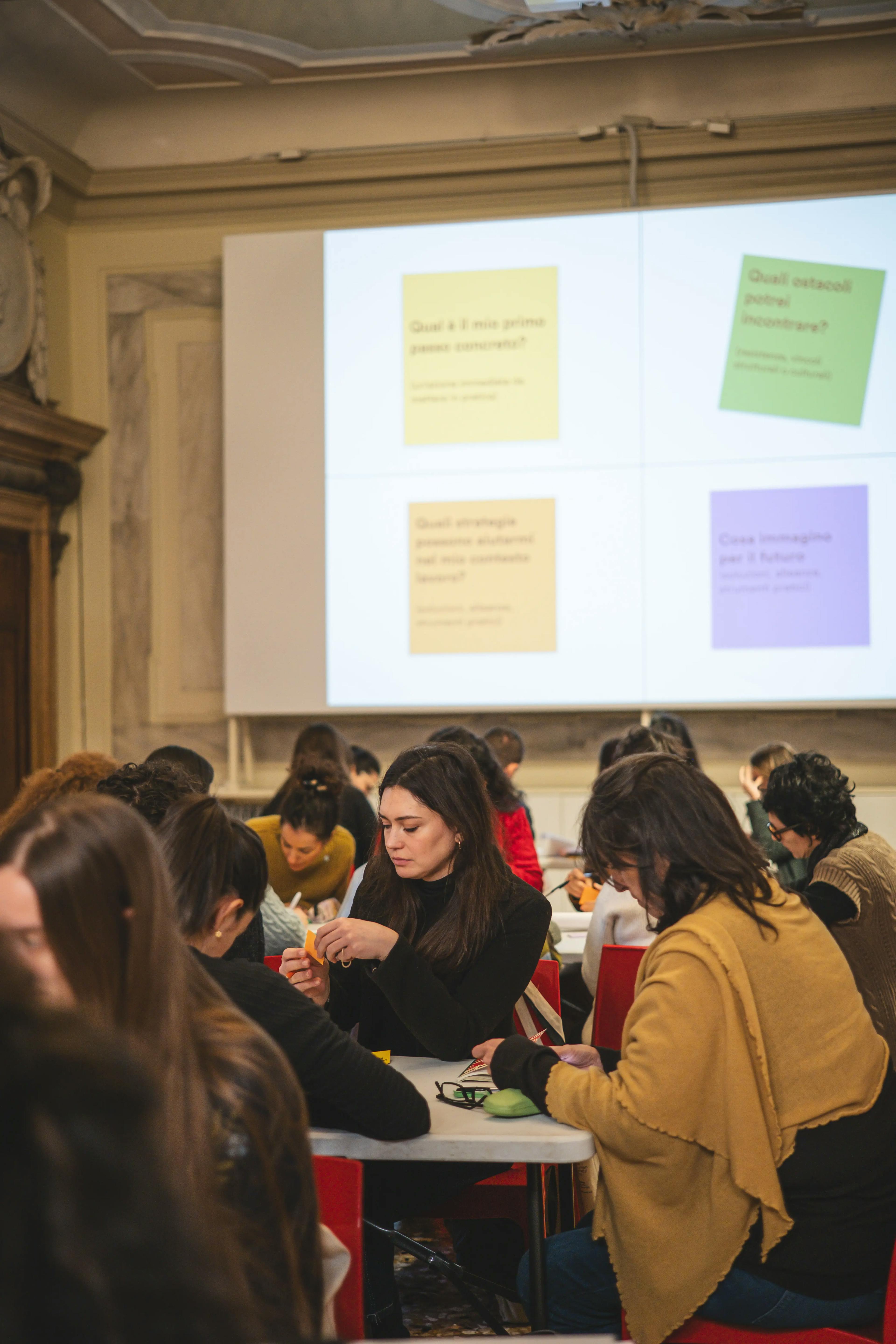 Corso Progettare per le persone: allestimenti accessibili, organizzato da We Exhibit e curato da Maria Chiara Ciaccheri. Alcune persone partecipanti svolgono un esercizio di gruppo riportando delle riflessioni per iscritto.