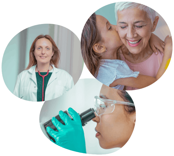 A doctor wearing a white coat and a stethoscope, a pharmacist looking into a microscope and a young kid kissing her grandmother are shown in a collage.