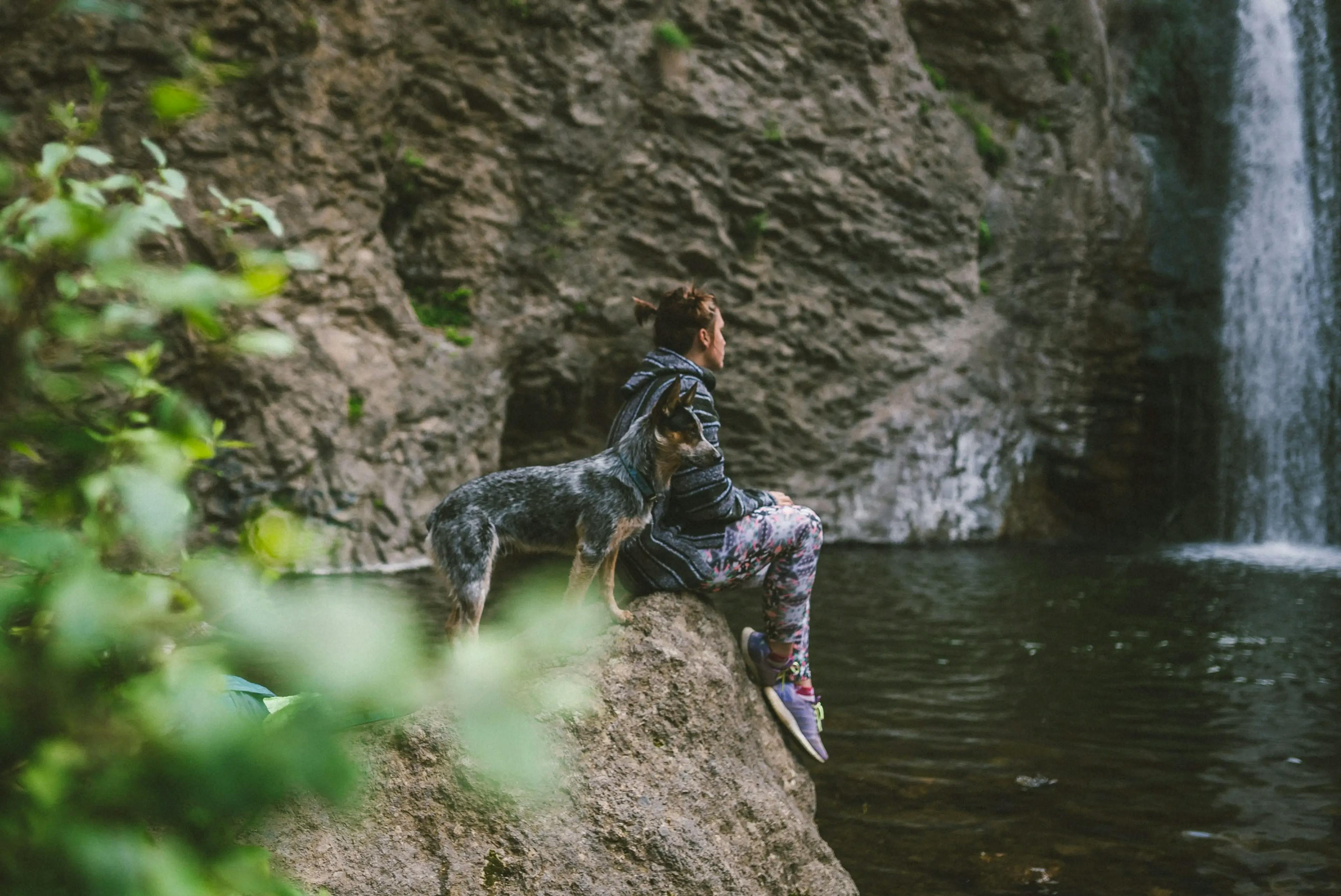 Woman and her Blue Heeler sitting by a lake and a waterfall