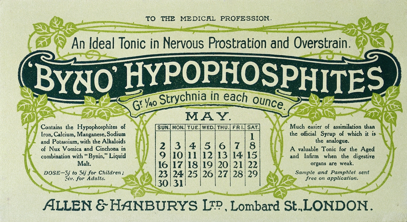 An advertisement calendar for a tonic for those whose "digestive organs are weak". Notes that it contains "strychnia in each ounce".