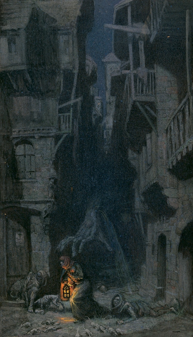 Dark drawing of street with crouching man in the middle clutching a lantern