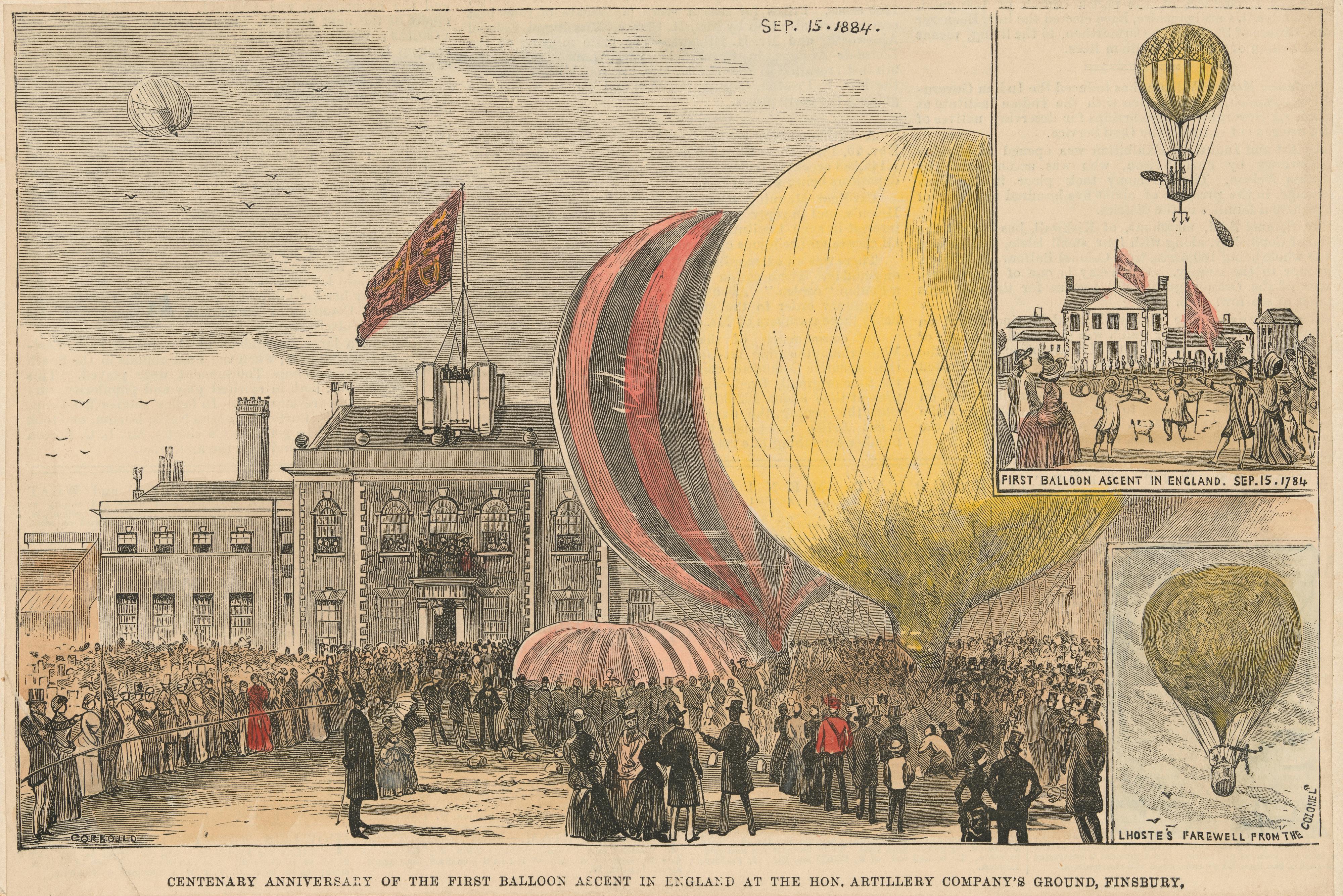 Coloured wood engraving showing three different scenes. The central scene shows a crowd of people gathered in a square, with hot-air balloons on the ground. The scene on the top right, has the following accompanying text: 'First Balloon Ascent in England. Sep 15, 1784'. A solitary air-balloon can be seen in the air, as people look on- one man is waving the Union Jack. The third scene at the bottom right, has the following accompanying caption: ‘Lhoste’s Farewell from the Colonel’. It shows an air balloon in flight, as a man is seen waving from it.