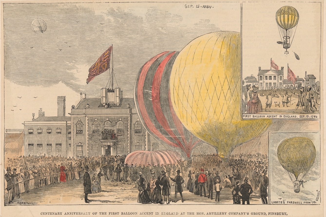 Coloured wood engraving showing three different scenes. The central scene shows a crowd of people gathered in a square, with hot-air balloons on the ground. The scene on the top right, has the following accompanying text: 'First Balloon Ascent in England. Sep 15, 1784'.  A solitary air-balloon can be seen in the air, as people look on- one man is waving the Union Jack. The third scene at the bottom right, has the following accompanying caption: ‘Lhoste’s Farewell from the Colonel’. It shows an air balloon in flight, as a man is seen waving from it. 