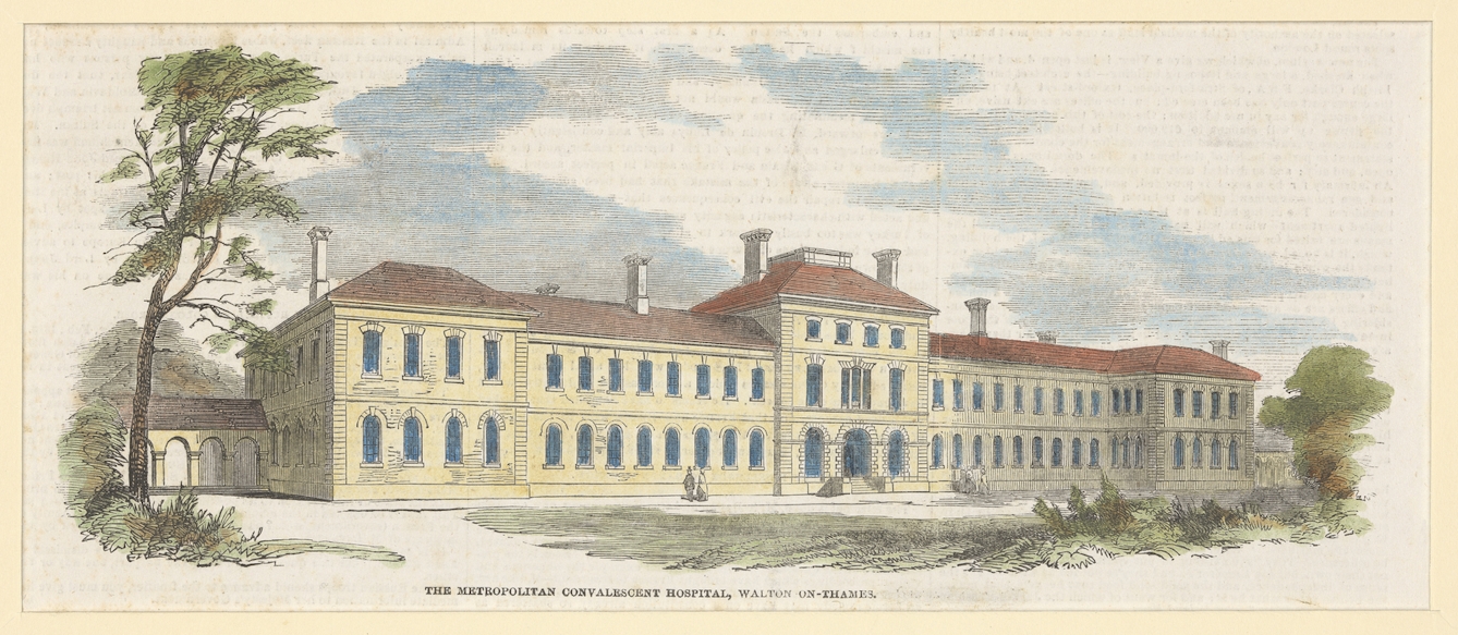 Coloured wood engraving of the front exterior of The Metropolitan Convalescent Hospital, Walton-On-Thames. 
