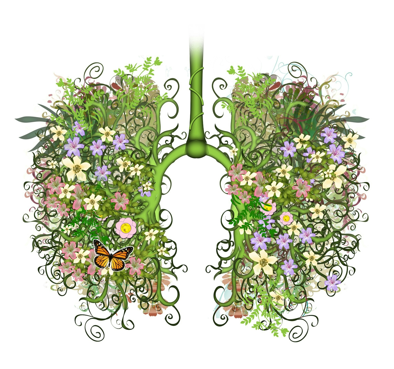 illustration of human lungs as flowers and foliage 