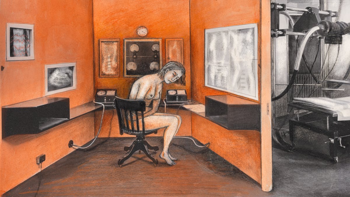 Collage and illustration of a hospital X-Ray room. In the centre of the room is an unclothed woman sat on a black chair seemingly in pain with her eyes closed clutching her belly. Around her are various control boards with dials and x-ray like pictures on the wall. Through a doorway on the right there is a hospital bed with various X-ray apparatus over it. The image is primarily black and white, with the left side room having been coloured various shades of orange and red.