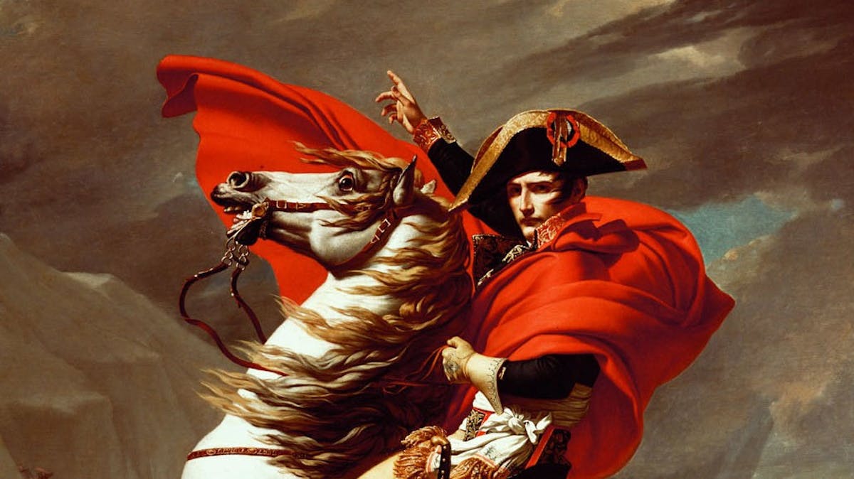 A military man in a red cloak sits astride a white horse, which is rearing up.