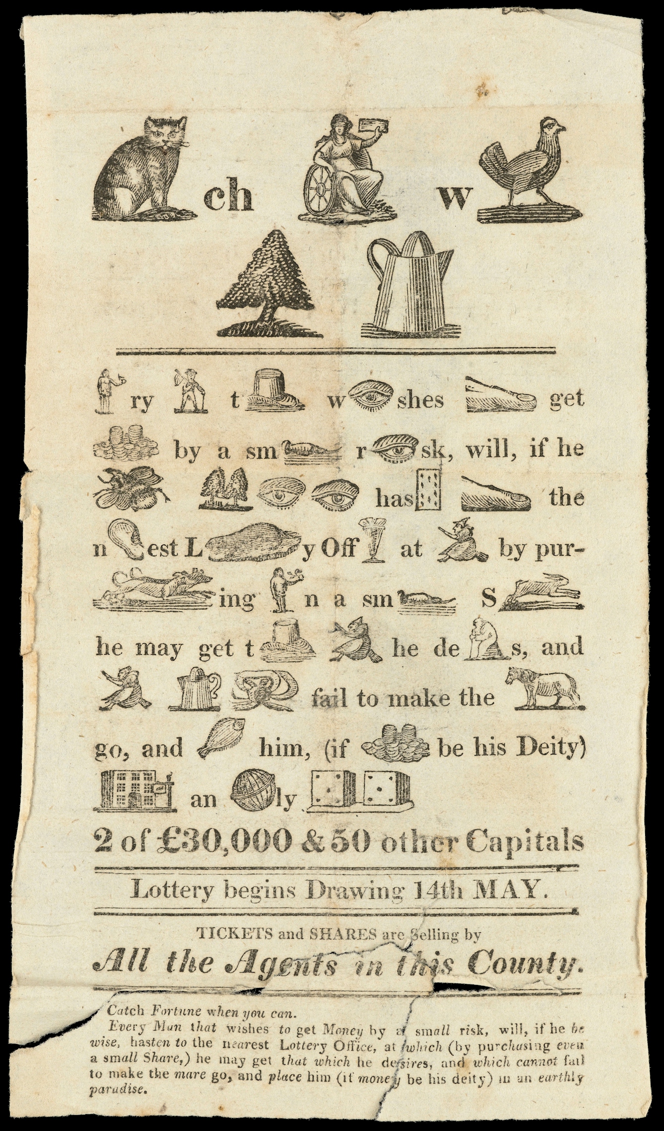 Printed pamphlet with pictograms encouraging people to play the lottery.