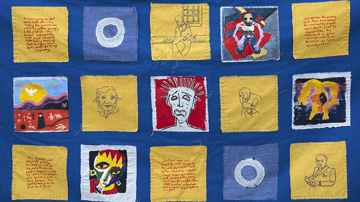 Wall hanging by Beth Hopkins, inspired by the the artworks of mental health patients