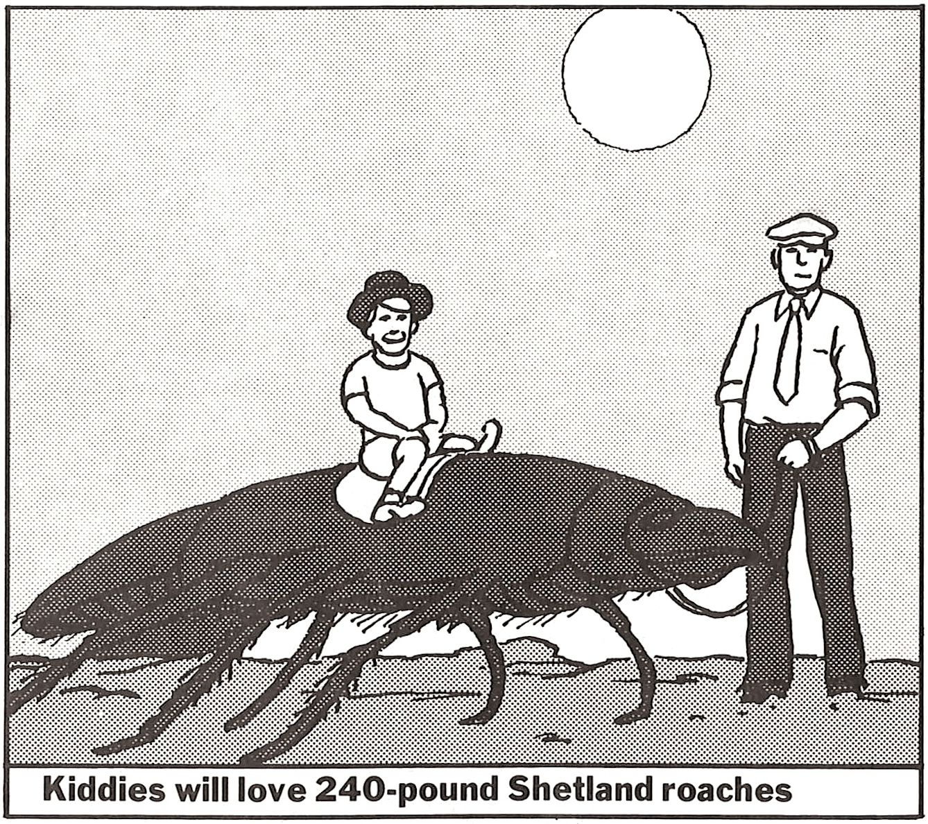 A cartoon of a young boy riding a giant cockroach
