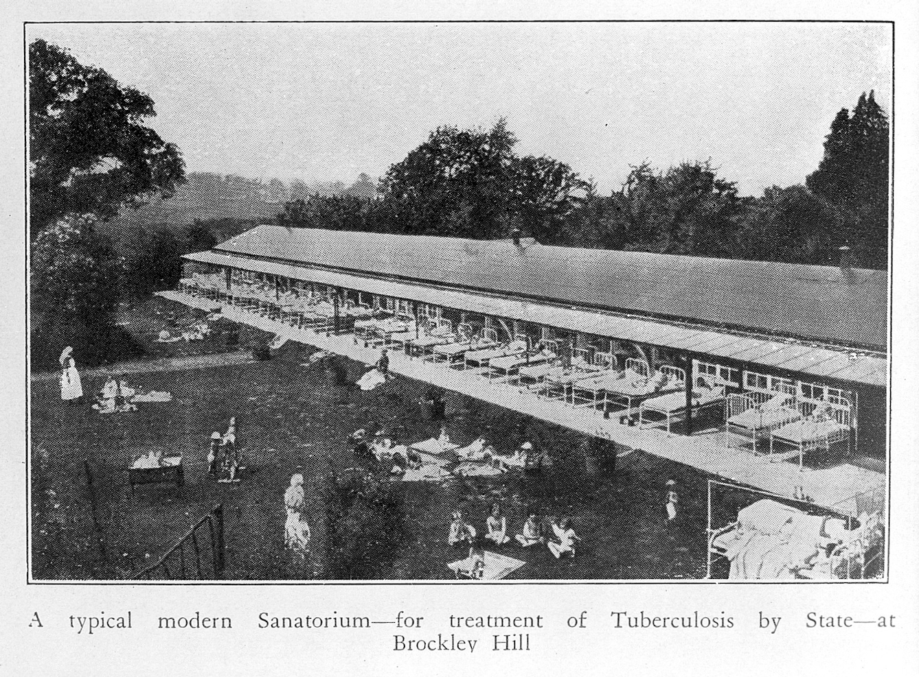 Black and white photograph showing a single storey building with a a row of beds outside it, and patients and nurses on the lawn.