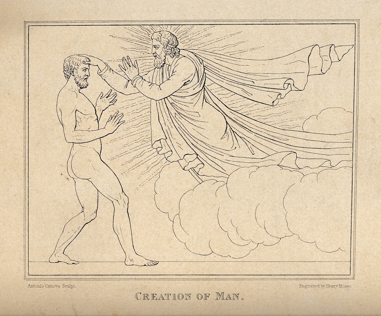 Black and white etching of God touching Adam on the head.