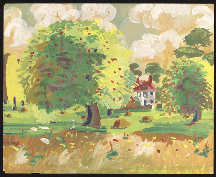 House with a red roof in a field of apple trees. Painting by Ron Hampshire
