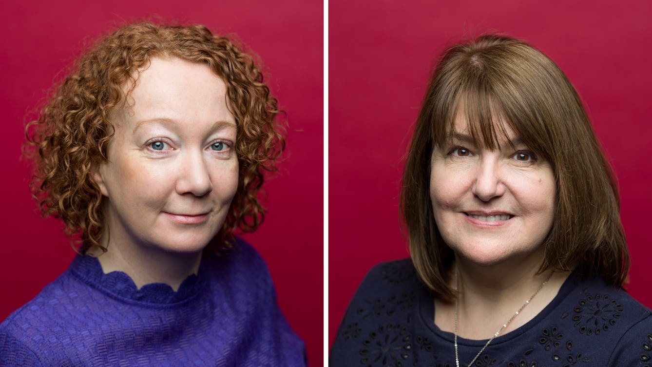 Photographic head and shoulders portrait of Sally Grey and Susan Avery against a crimson background.