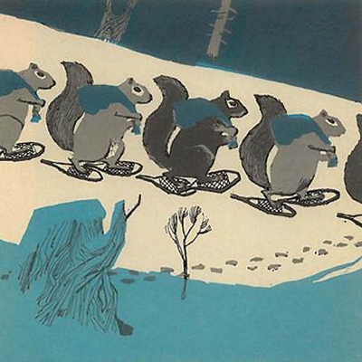 An illustration of squirrels walking in the snow.