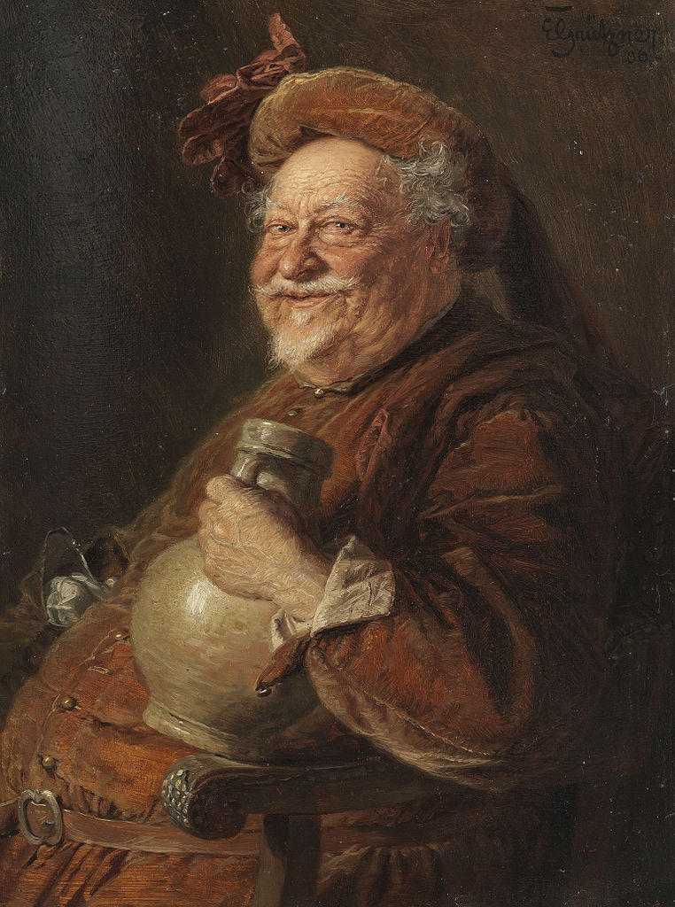 Painting of fat man with a grey beard and an orange hat holding a jug and sitting on a wooden chair