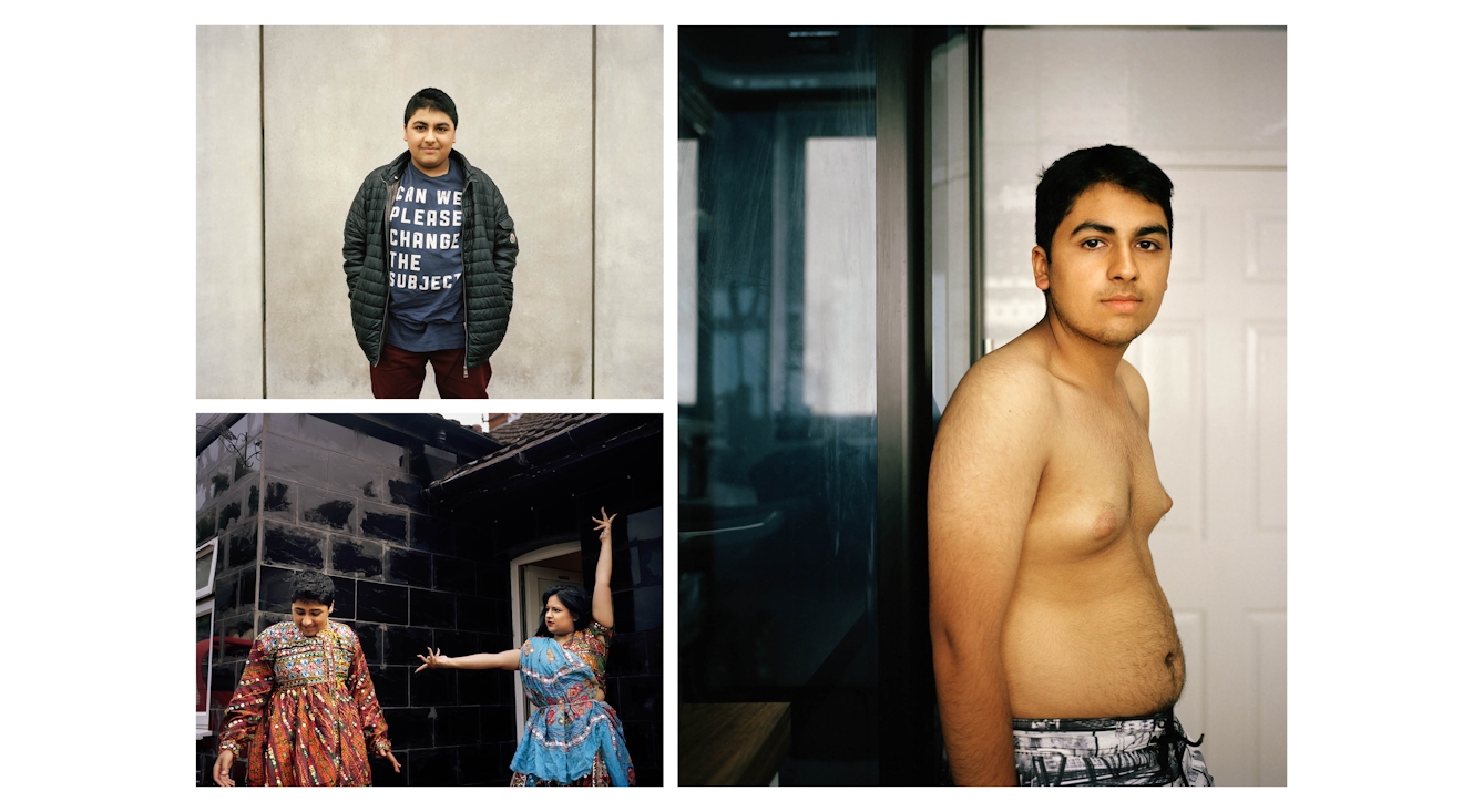 A cluster of 3 photographs, one large and two. The small top left photograph shows a teenage boy in a t-shirt with the words, 'Please can we change the subject' printed on the front. The small photograph bottom left shows the same boy outside his house with a young woman, both dressed in colourful clothes. The young woman is making a pose from a dance. The large photograph on the left shows the same boy standing in a bathroom naked from the waist up, looking straight to camera.