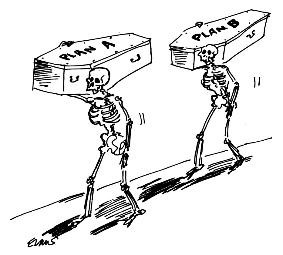 A cartoon of two coffin-carrying skeletons
