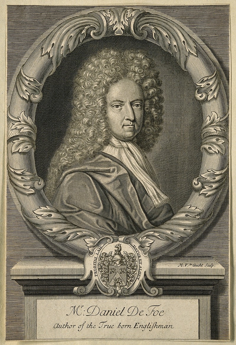 Black and white engraved image of man wearing a curly wig and bordered by a round ornamental frame