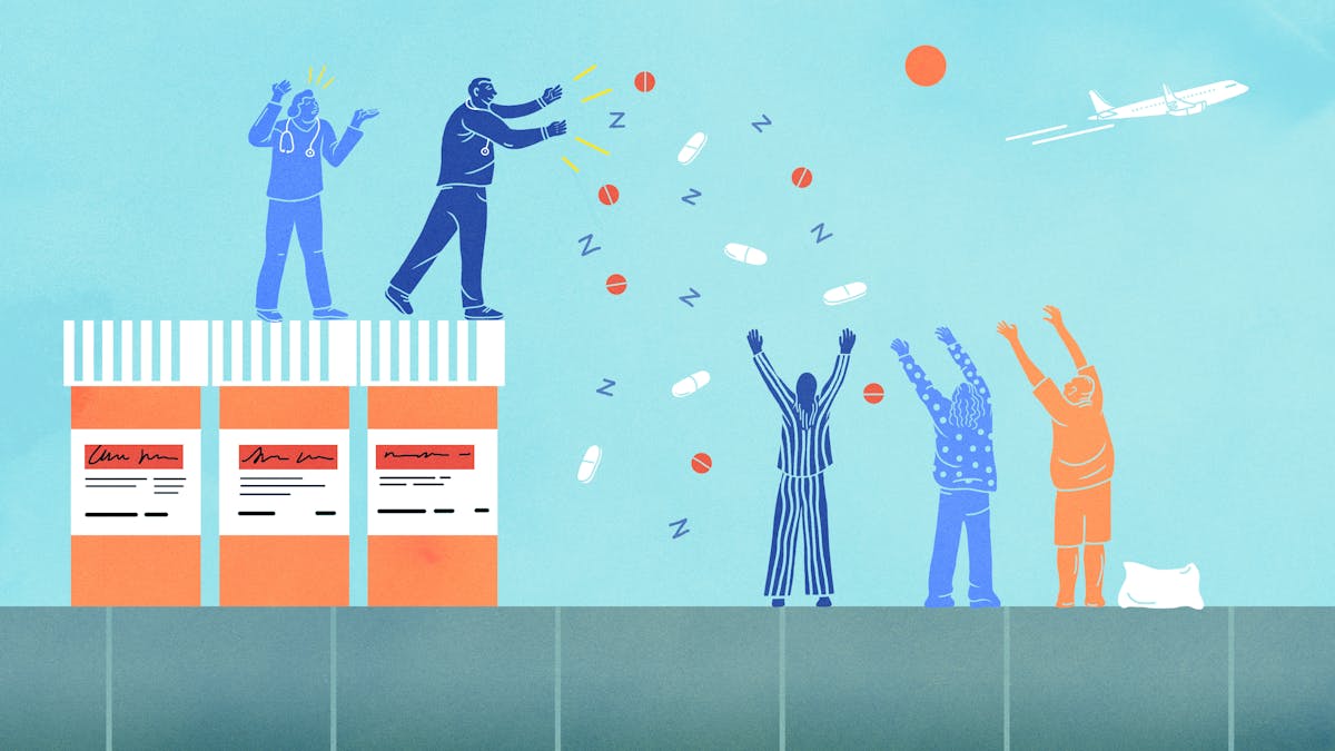 Illustration of doctor showering patients with sleeping pills