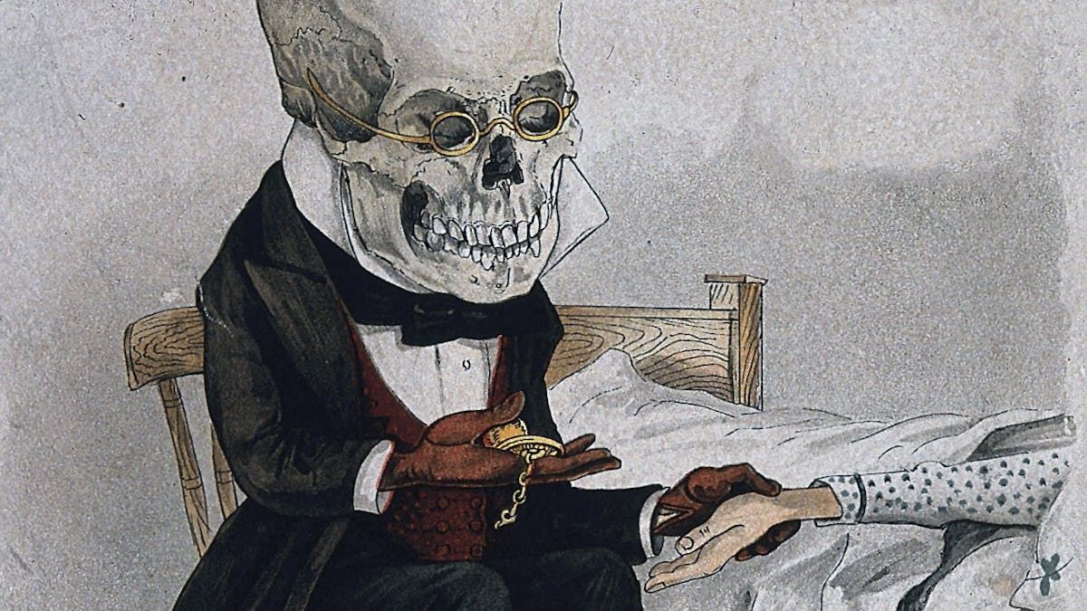 Colour drawing of a person with a bare skull for a head wearing glasses and a frock-coat and using a pocketwatch to take the pulse of the patient whose hand they are holding. 